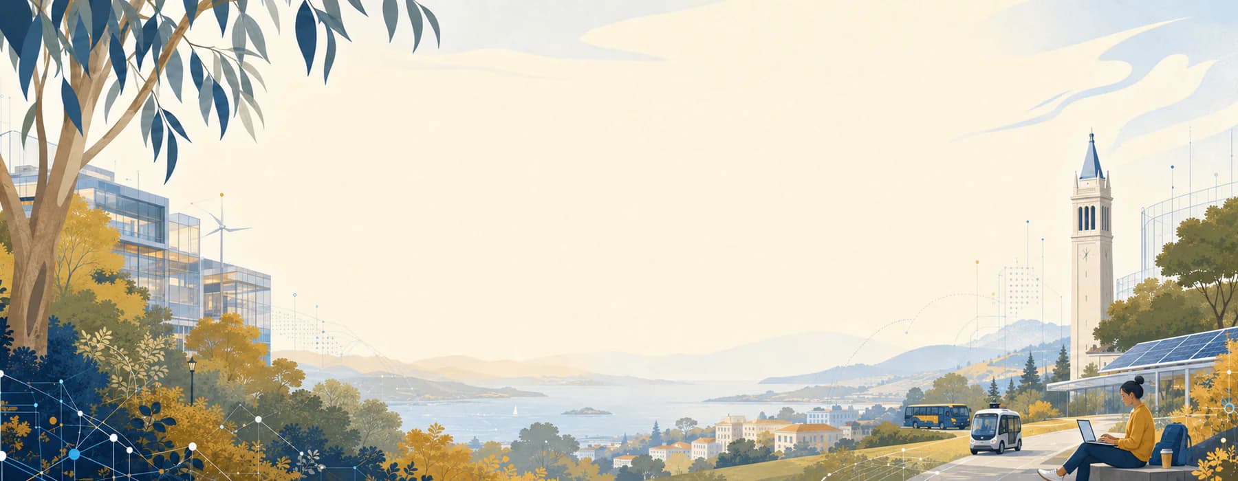 Illustrated Berkeley campus overlooking the San Francisco Bay