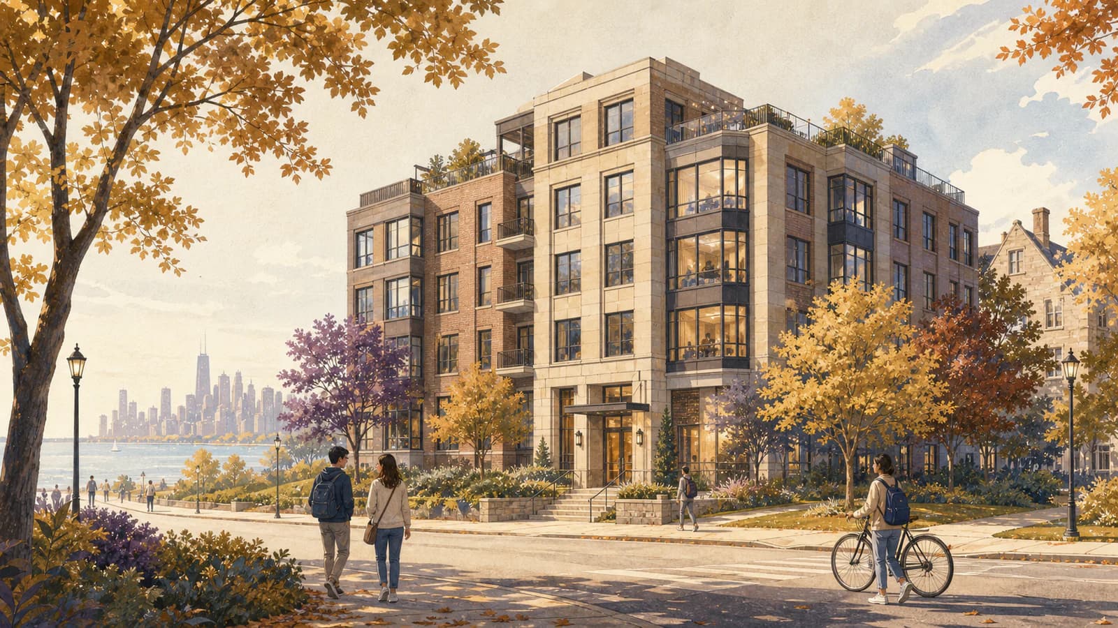 Illustrated student housing community near the Chicago lakefront